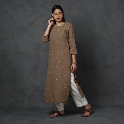 Brown - Organic Kala Cotton Handloom Mirror Work Long Kurta
