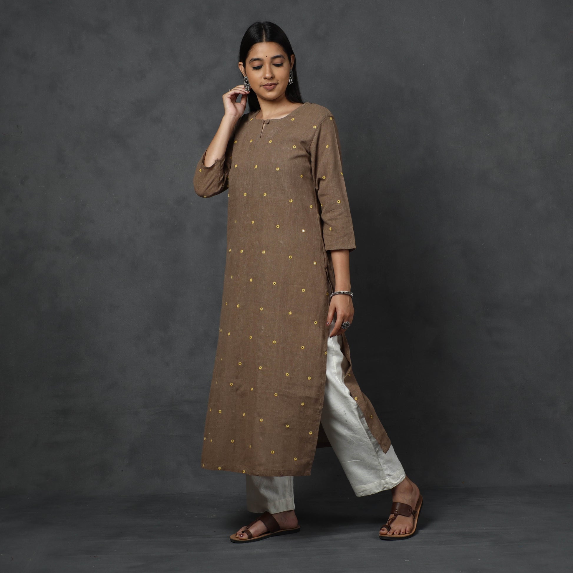 Brown - Organic Kala Cotton Handloom Mirror Work Long Kurta