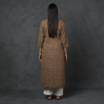 Brown - Organic Kala Cotton Handloom Mirror Work Long Kurta