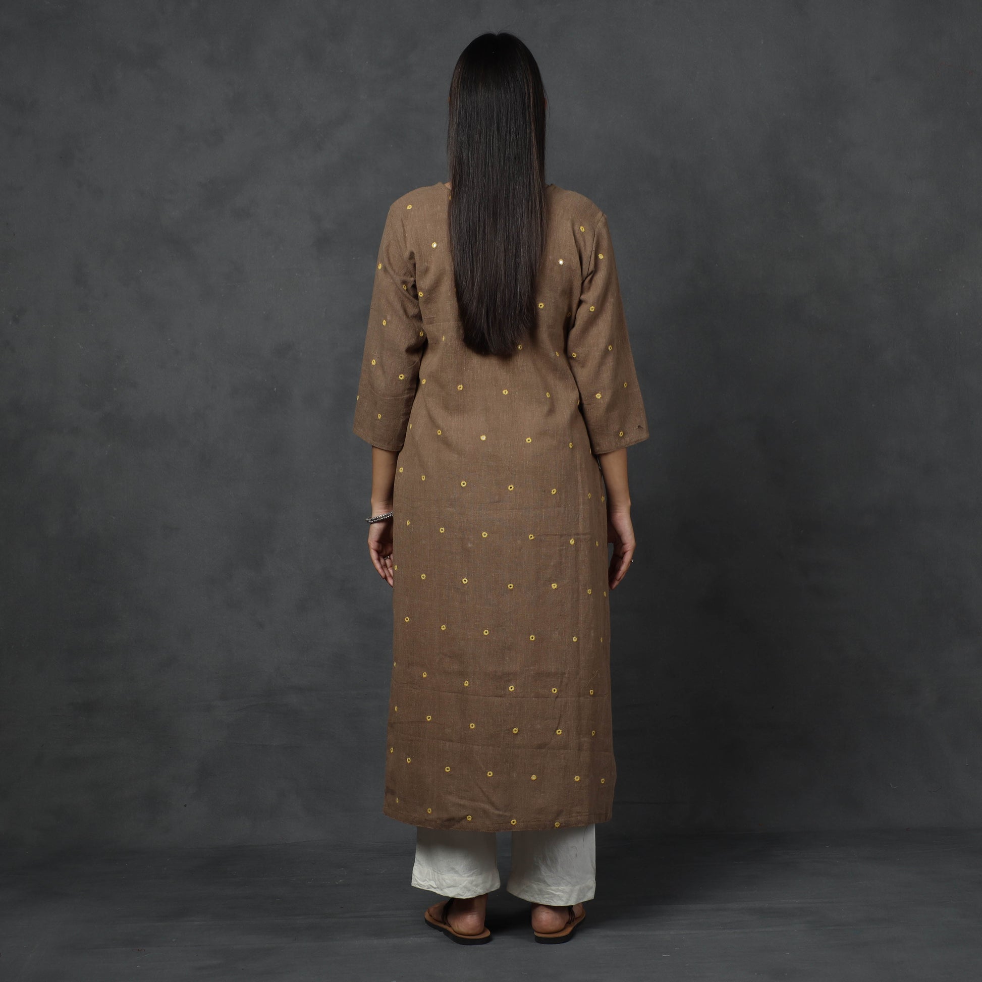 Brown - Organic Kala Cotton Handloom Mirror Work Long Kurta