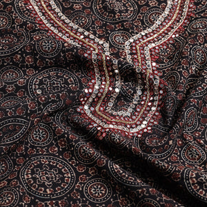Black - Sequin & Bead Work Embroidery Ajrakh Block Printed Cotton Kurta Material - 2.5 meter
