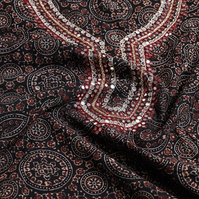 Black - Sequin & Bead Work Embroidery Ajrakh Block Printed Cotton Kurta Material - 2.5 meter