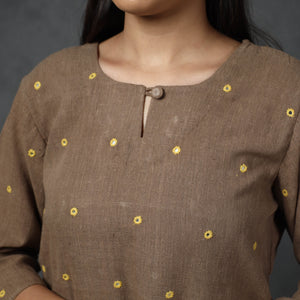 Brown - Organic Kala Cotton Handloom Mirror Work Long Kurta