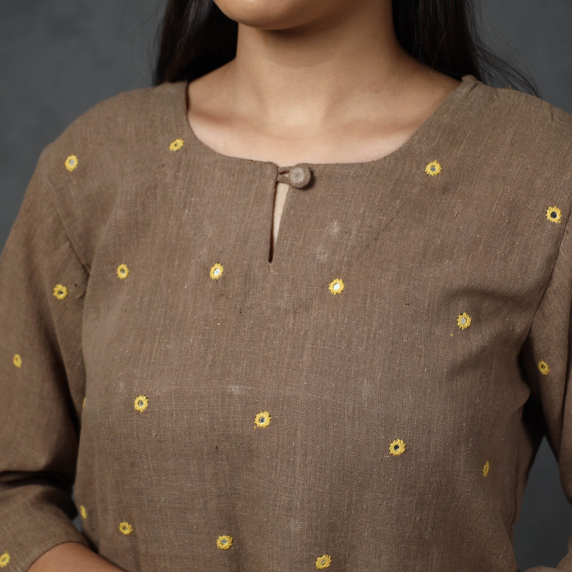 Brown - Organic Kala Cotton Handloom Mirror Work Long Kurta