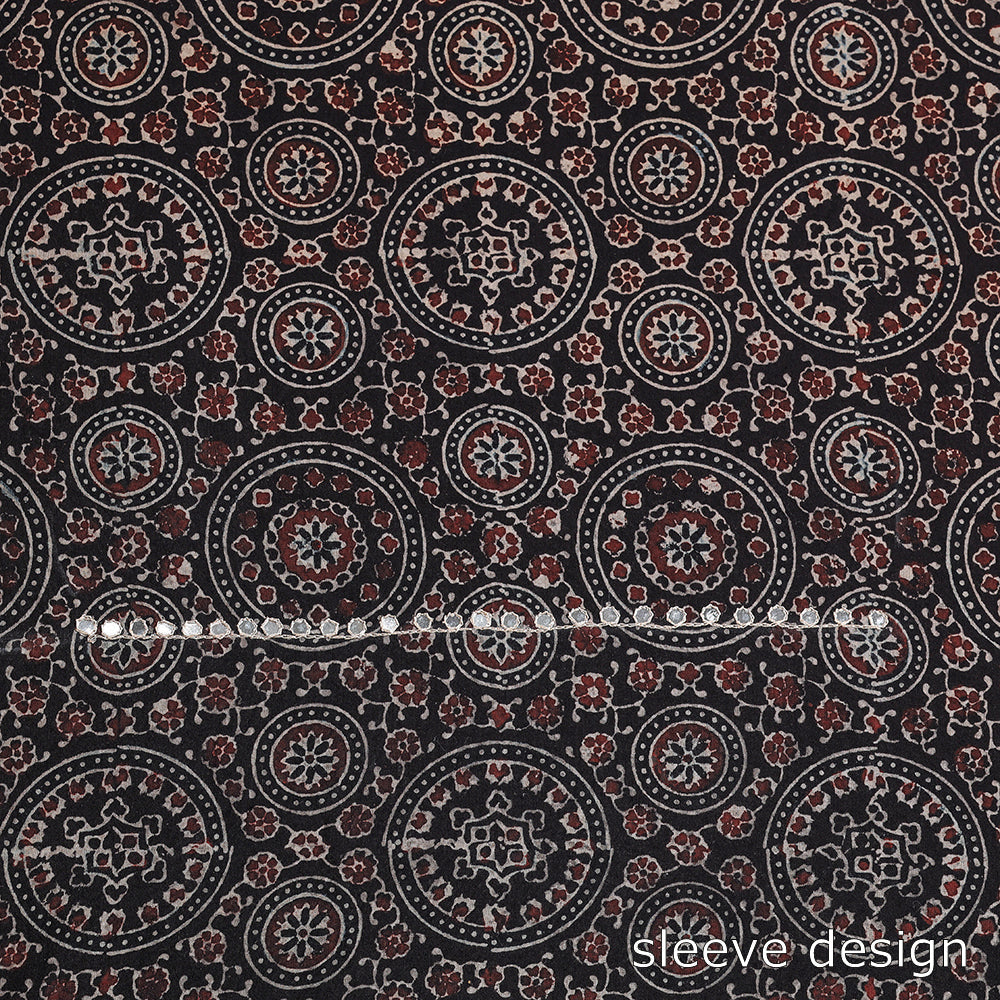 Black - Sequin & Bead Work Embroidery Ajrakh Block Printed Cotton Kurta Material - 2.5 meter