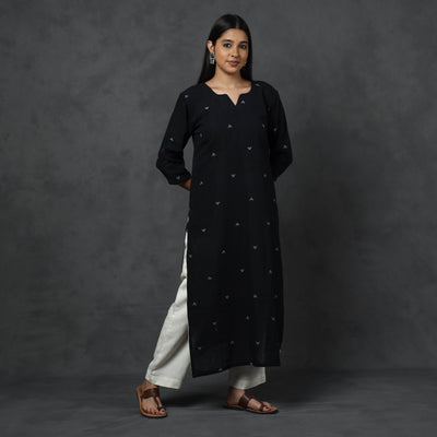 Black - Organic Kala Cotton Handloom Buti Long Kurta