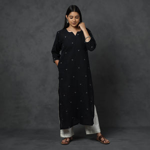 Black - Organic Kala Cotton Handloom Buti Long Kurta