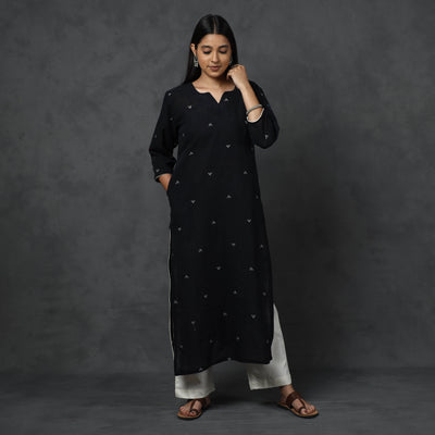 Black - Organic Kala Cotton Handloom Buti Long Kurta