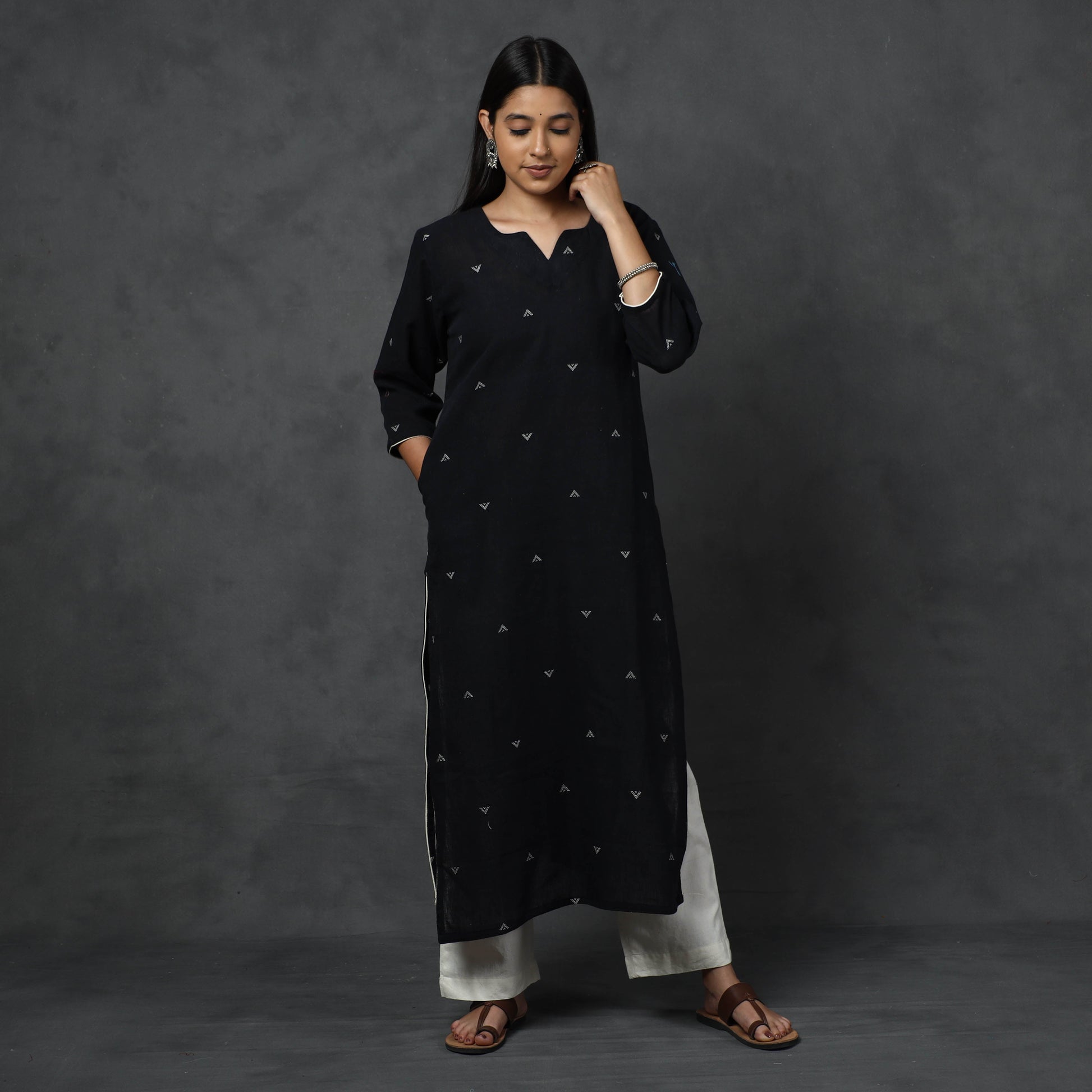 Black - Organic Kala Cotton Handloom Buti Long Kurta