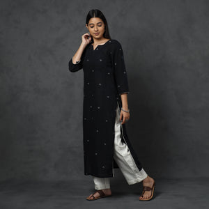 Black - Organic Kala Cotton Handloom Buti Long Kurta