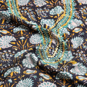 Black - Sequin & Bead Work Embroidery Sanganeri Block Printed Cotton Kurta Material - 2.5 meter