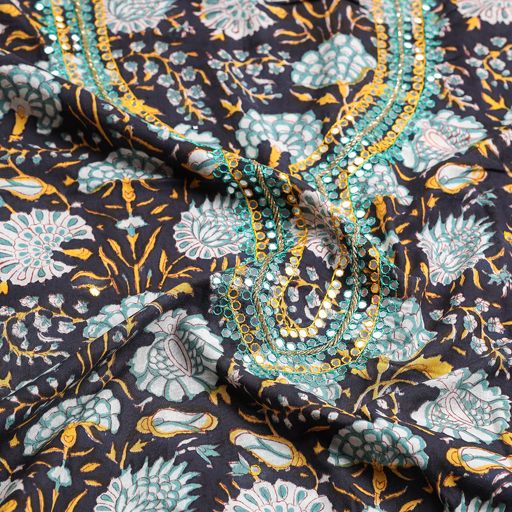 Black - Sequin & Bead Work Embroidery Sanganeri Block Printed Cotton Kurta Material - 2.5 meter