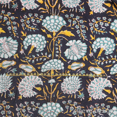 Black - Sequin & Bead Work Embroidery Sanganeri Block Printed Cotton Kurta Material - 2.5 meter
