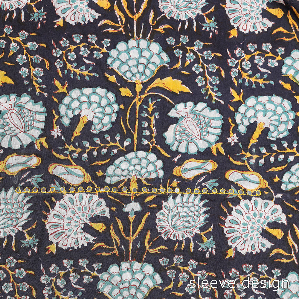 Black - Sequin & Bead Work Embroidery Sanganeri Block Printed Cotton Kurta Material - 2.5 meter