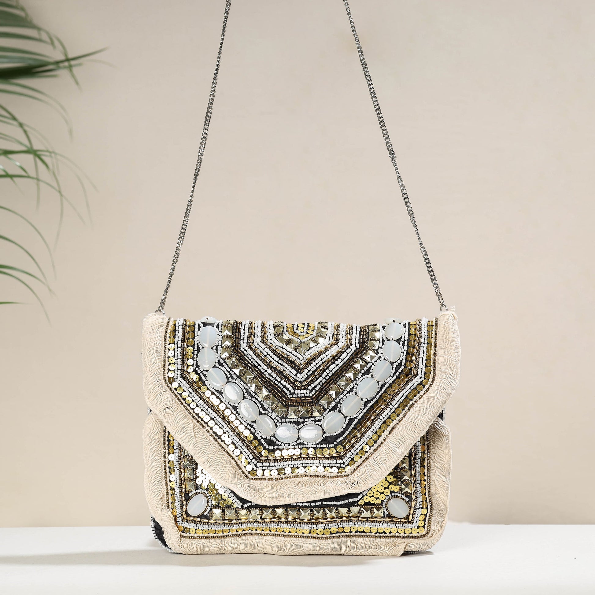 Beige - Banjara Boho Ethnic Embellished Handcrafted Sling Bag
