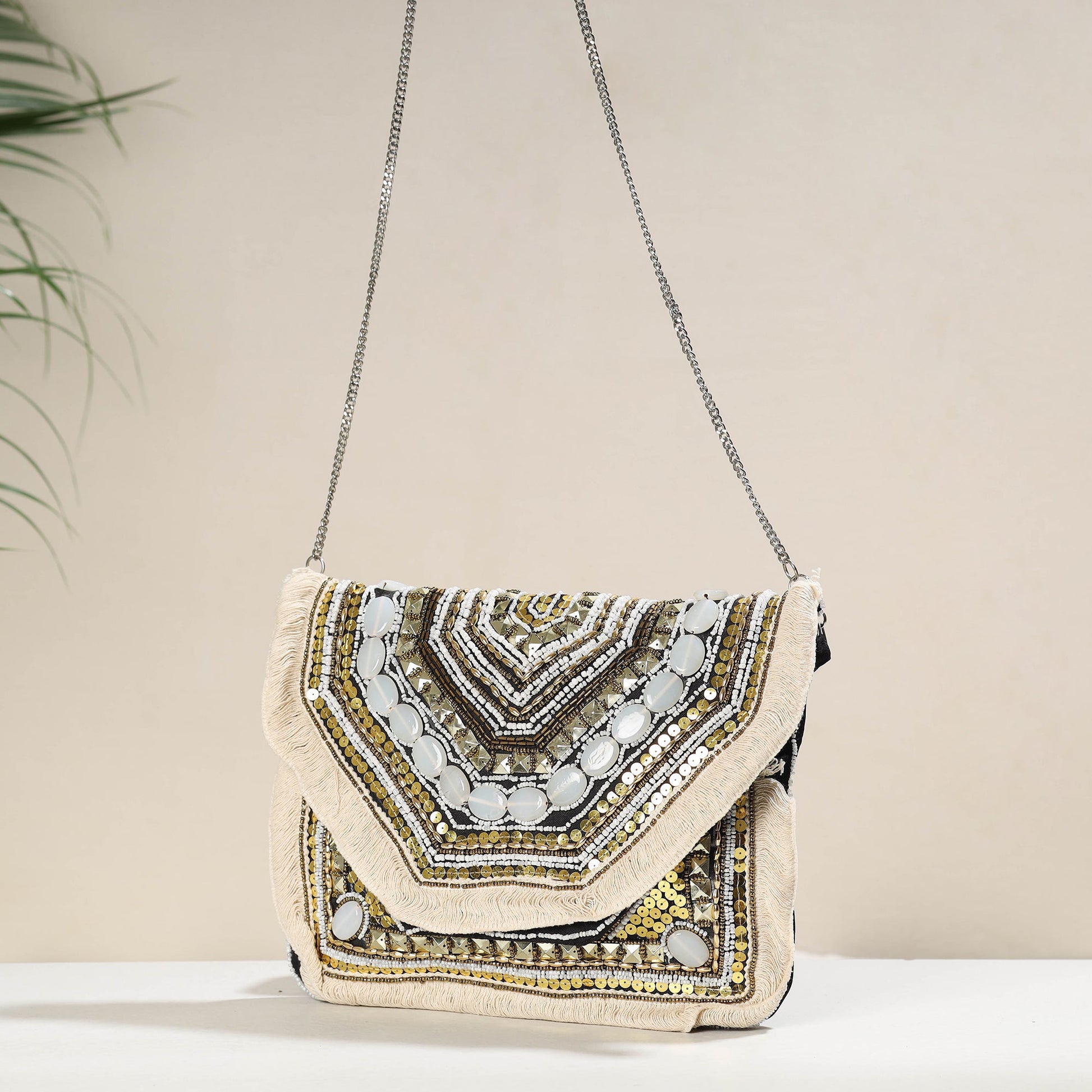 Beige - Banjara Boho Ethnic Embellished Handcrafted Sling Bag
