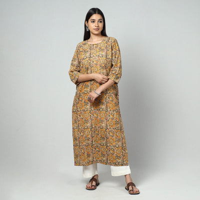 Beige - Kalamkari Block Printed Cotton Long Kurta