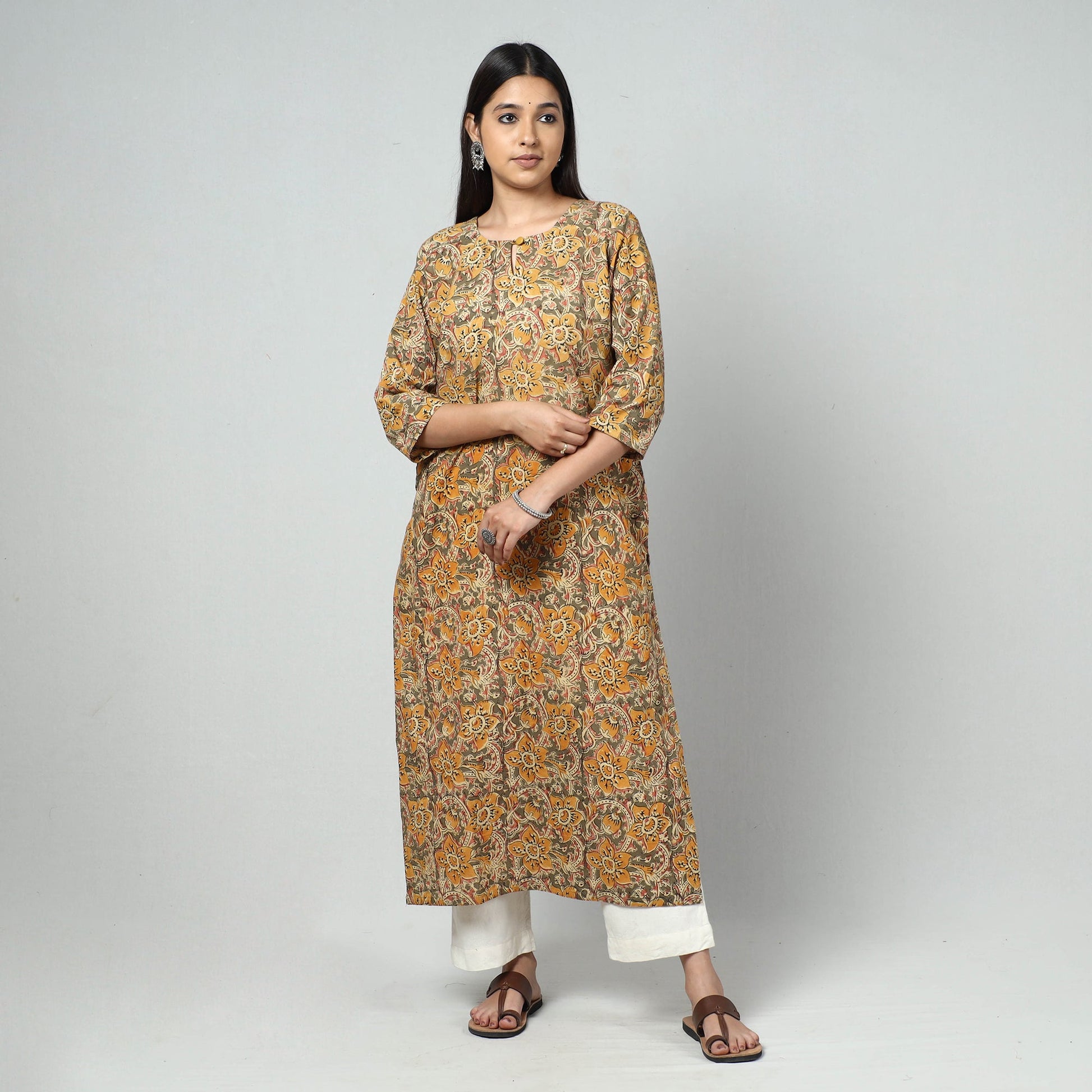 Beige - Kalamkari Block Printed Cotton Long Kurta