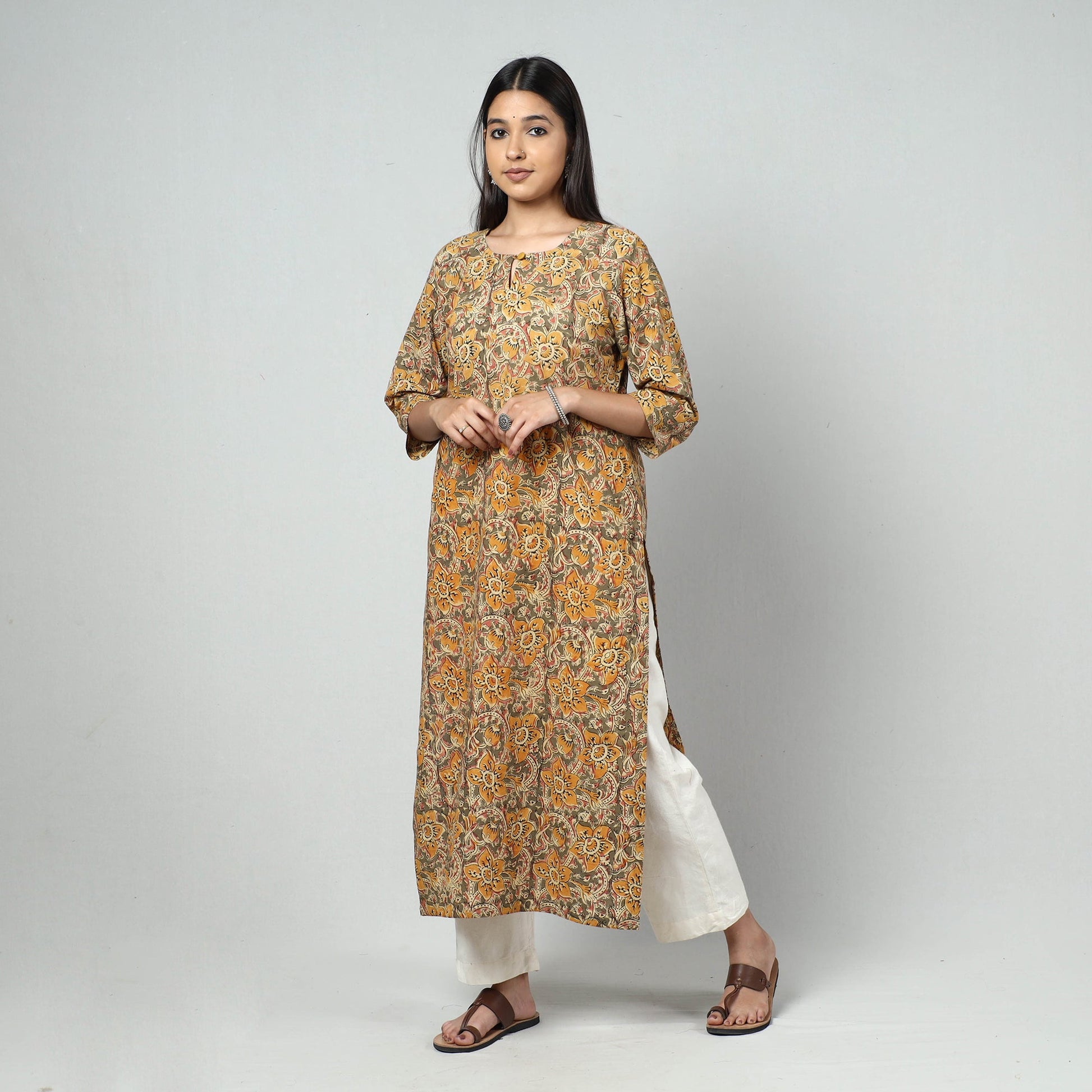 Beige - Kalamkari Block Printed Cotton Long Kurta