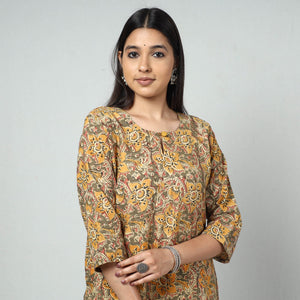 Beige - Kalamkari Block Printed Cotton Long Kurta