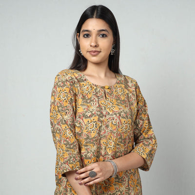 Beige - Kalamkari Block Printed Cotton Long Kurta