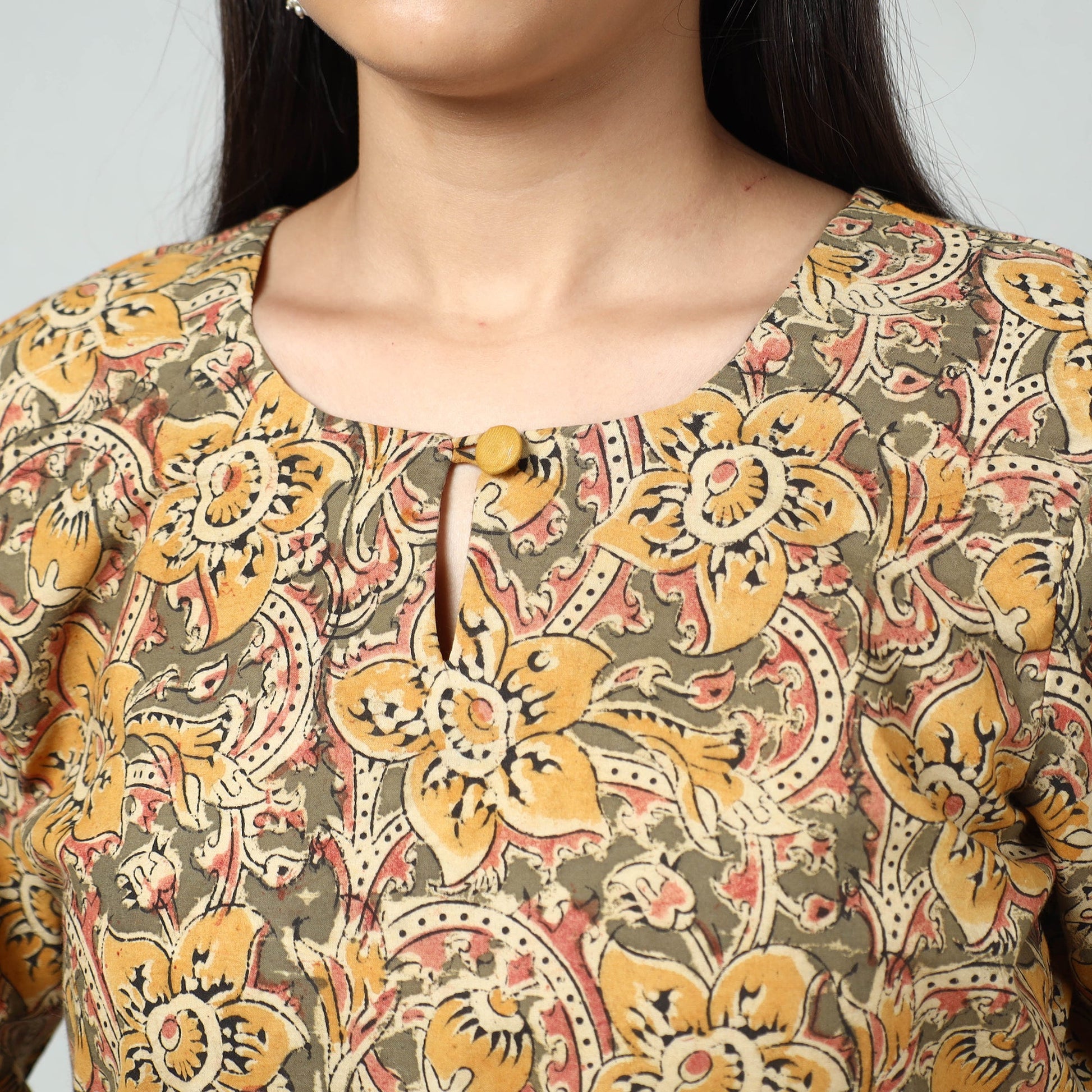 Beige - Kalamkari Block Printed Cotton Long Kurta