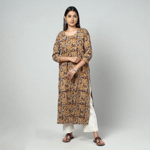 Brown - Kalamkari Block Printed Cotton Long Straight Kurta