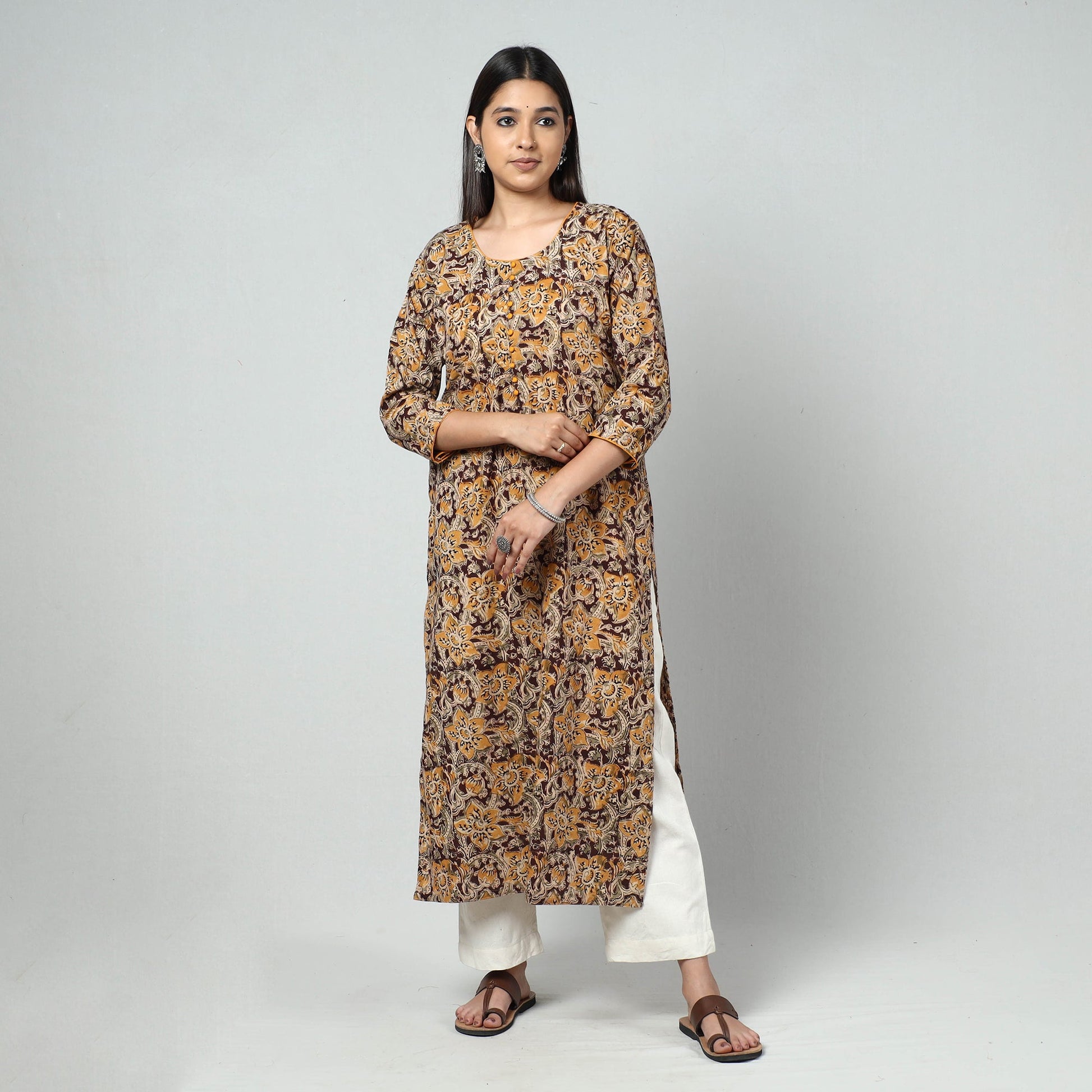 Brown - Kalamkari Block Printed Cotton Long Straight Kurta