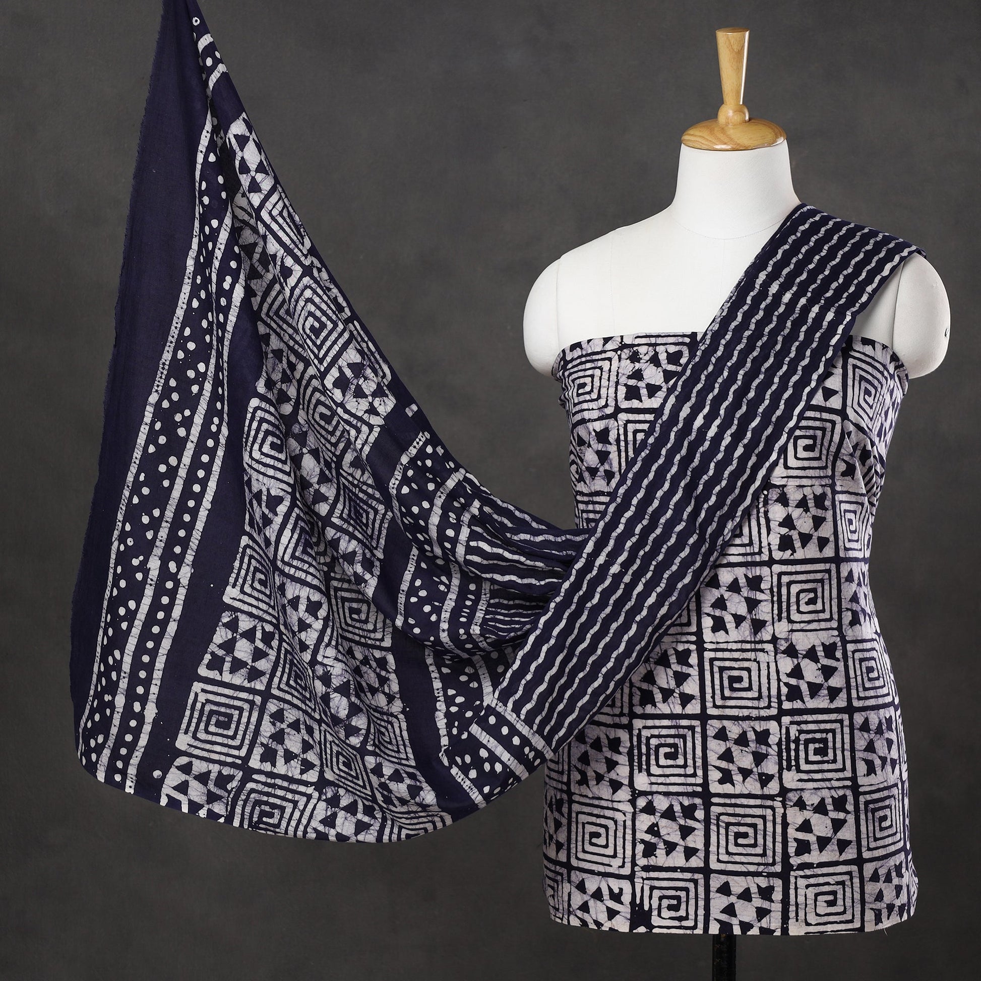 Blue - 3pc Cotton Kutch Batik Print Dress Material 07