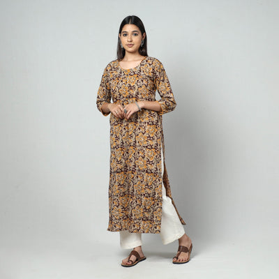 Brown - Kalamkari Block Printed Cotton Long Straight Kurta