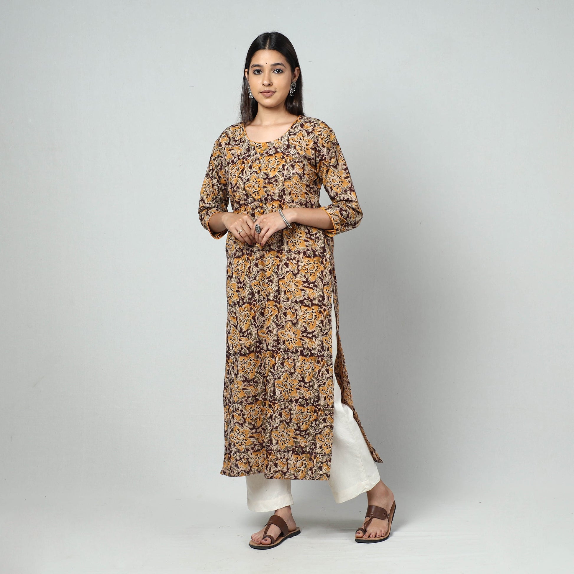 Brown - Kalamkari Block Printed Cotton Long Straight Kurta