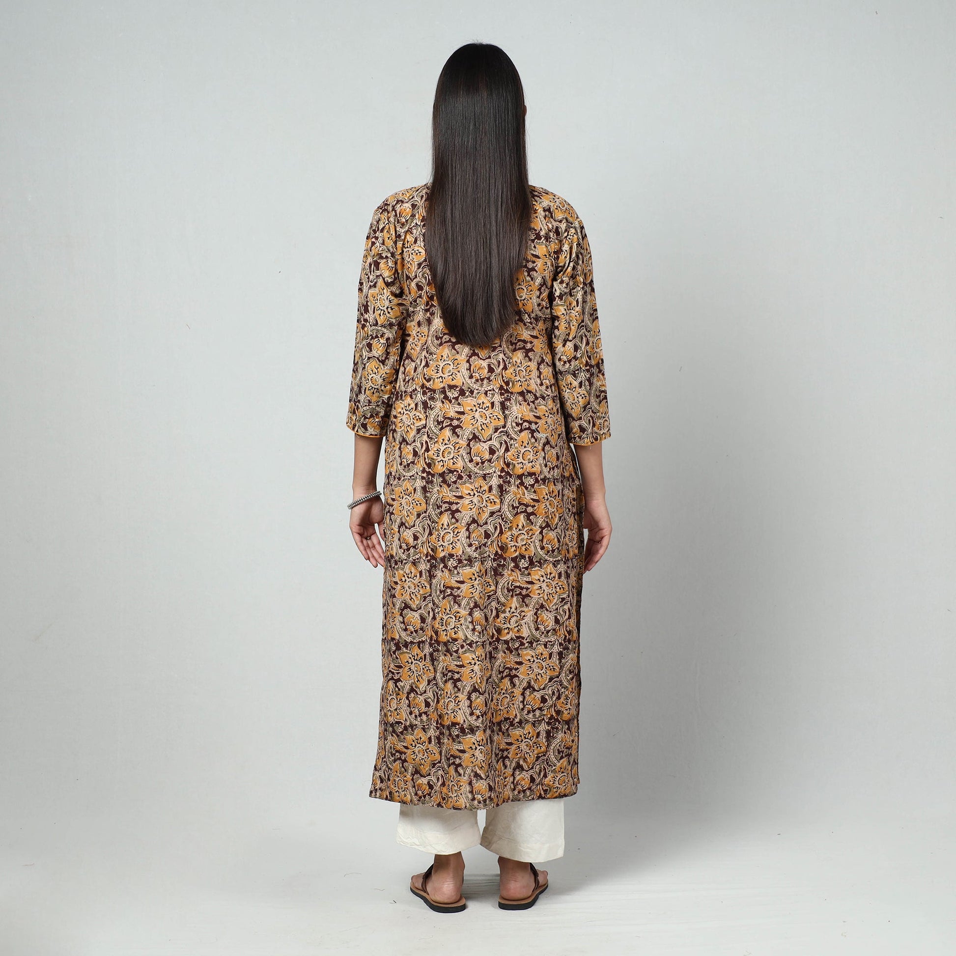 Brown - Kalamkari Block Printed Cotton Long Straight Kurta