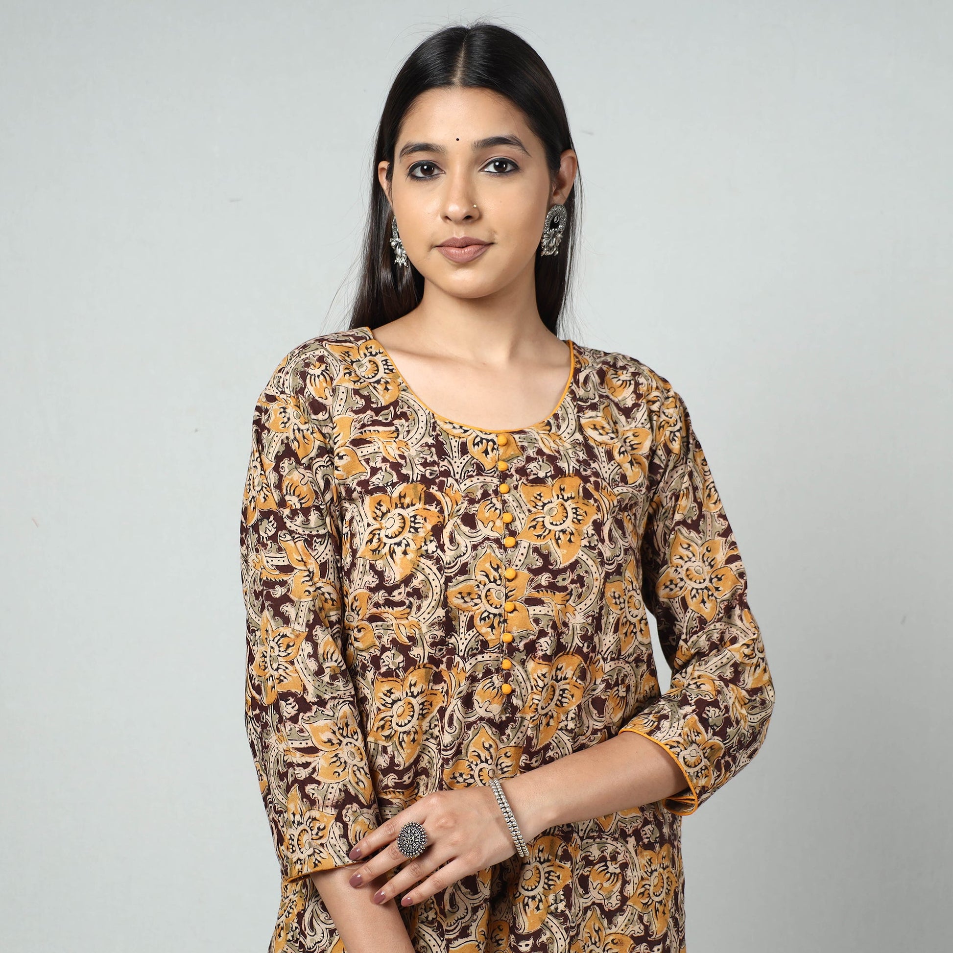 Brown - Kalamkari Block Printed Cotton Long Straight Kurta
