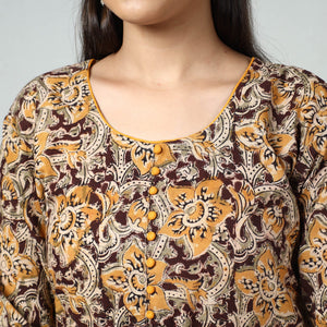 Brown - Kalamkari Block Printed Cotton Long Straight Kurta