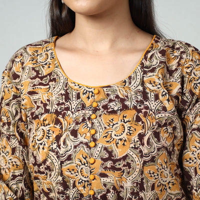 Brown - Kalamkari Block Printed Cotton Long Straight Kurta