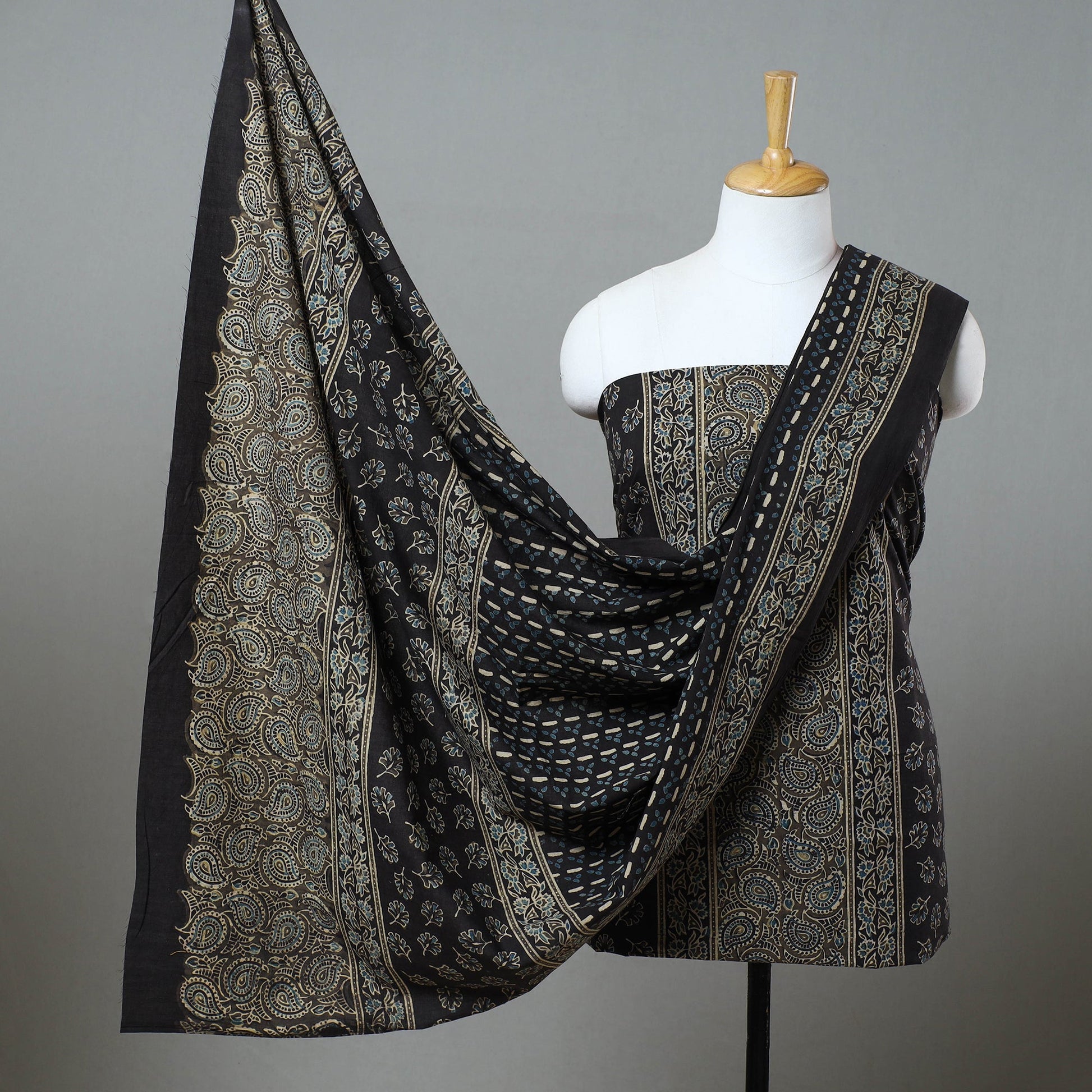Black - 3pc Block Print Cotton Ajrakh Dress Material 01