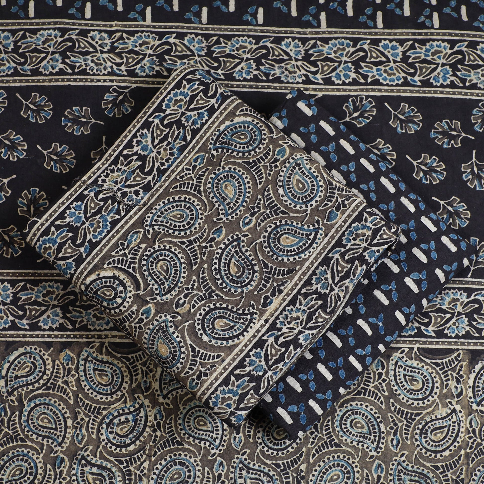 Black - 3pc Block Print Cotton Ajrakh Dress Material 01
