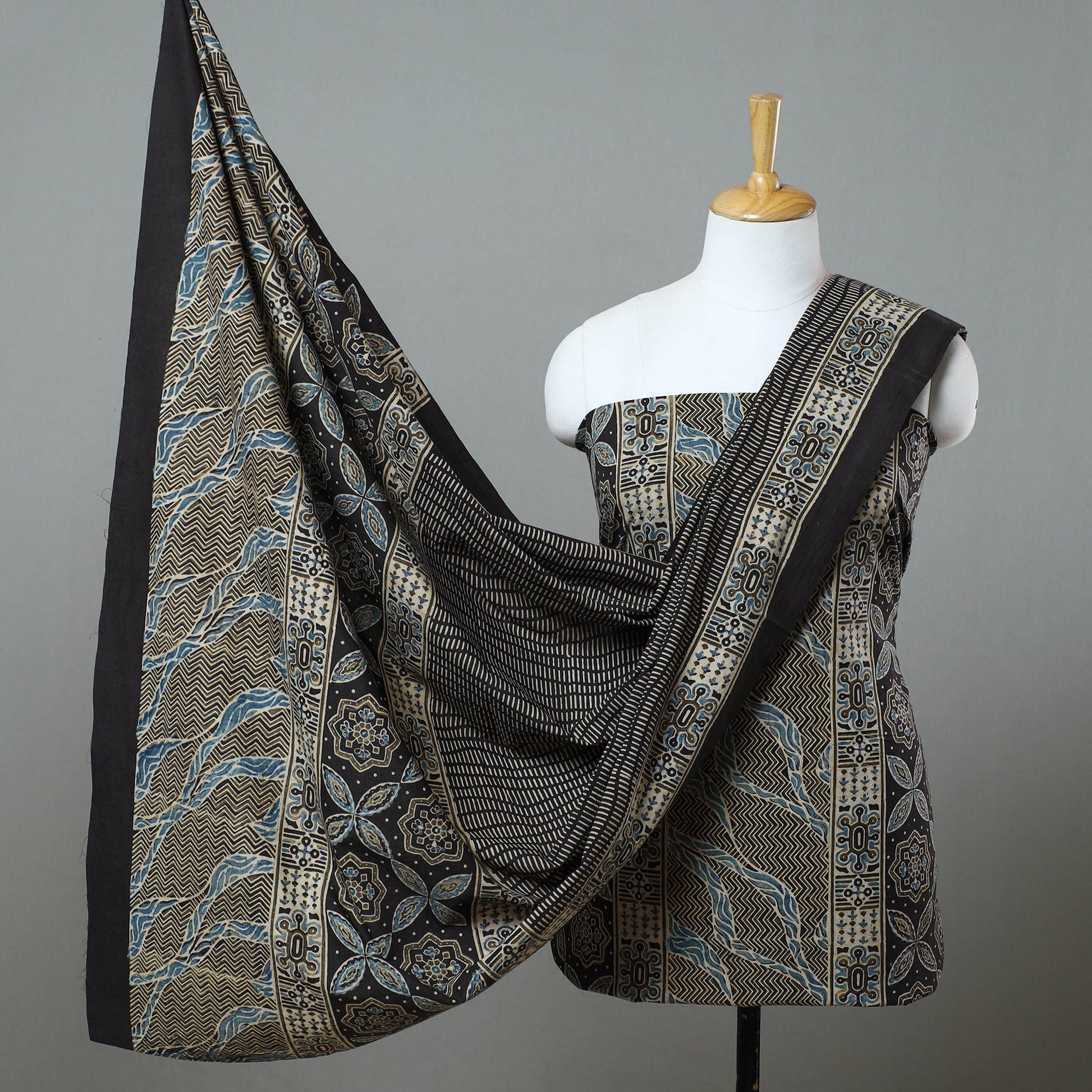 Black - 3pc Block Print Cotton Ajrakh Dress Material 02