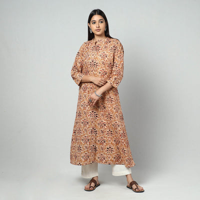 Beige - Kalamkari Block Printed Cotton Long Kurta