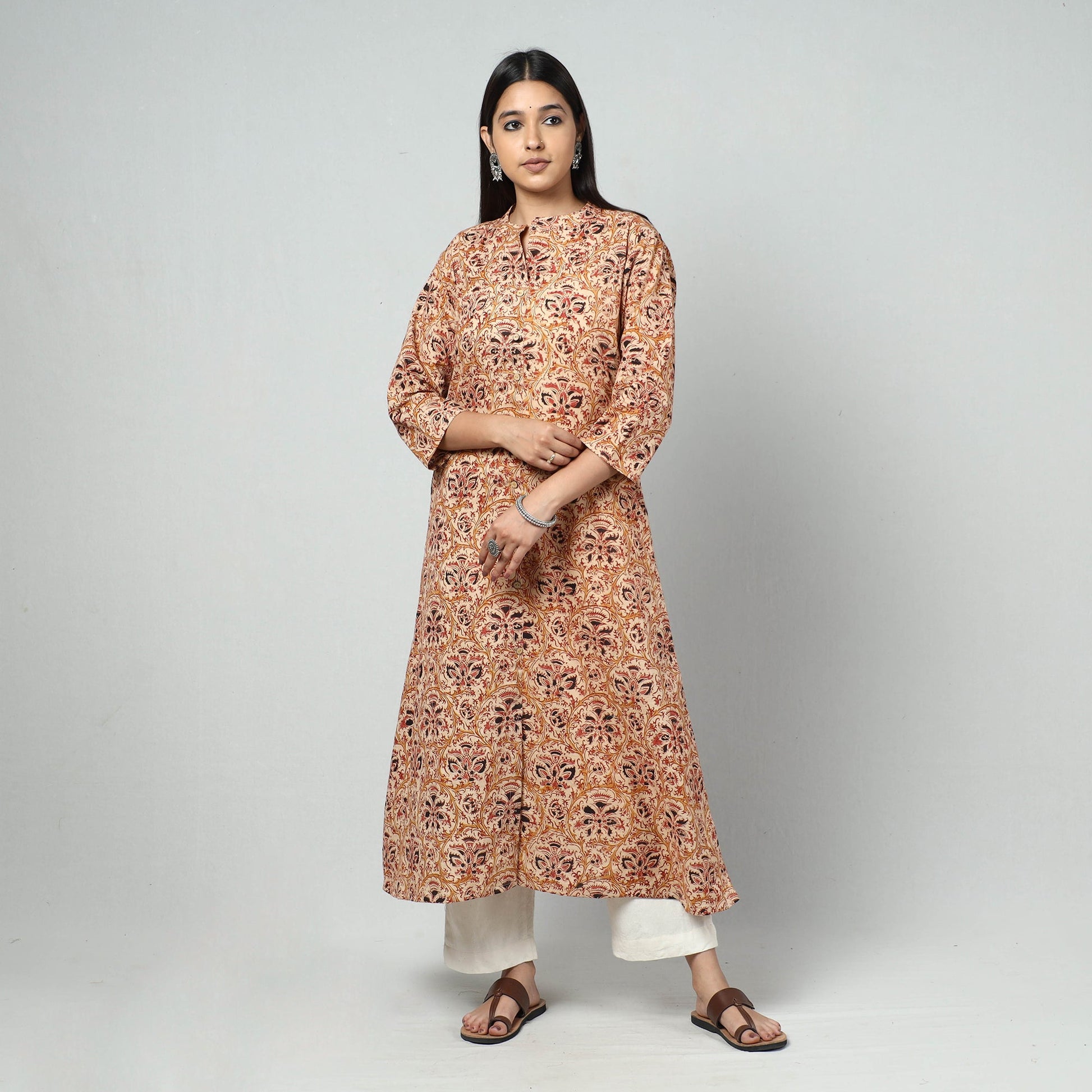 Beige - Kalamkari Block Printed Cotton Long Kurta