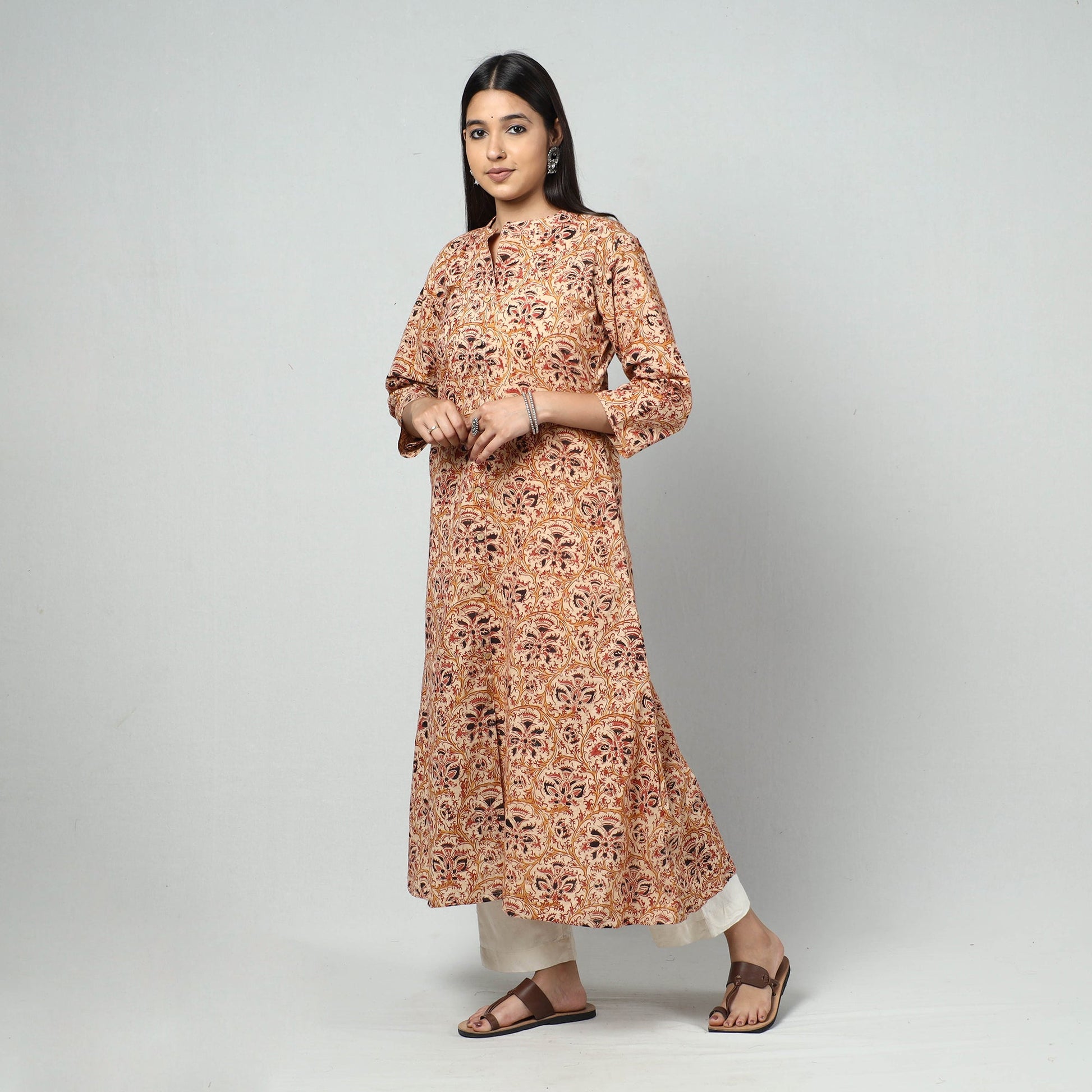 Beige - Kalamkari Block Printed Cotton Long Kurta
