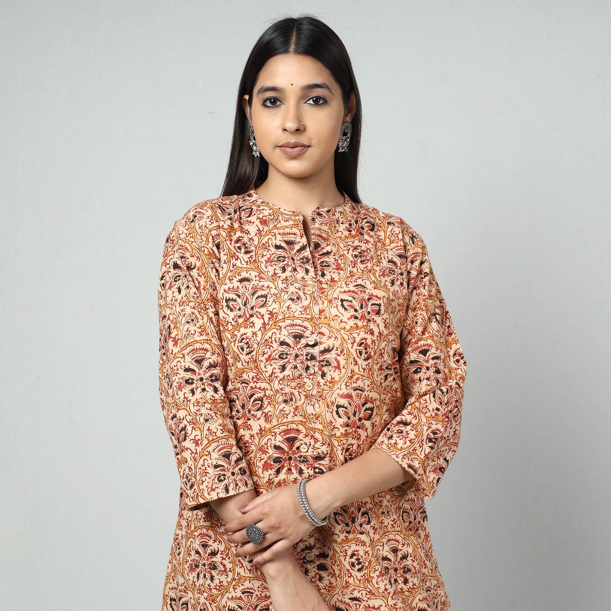 Beige - Kalamkari Block Printed Cotton Long Kurta