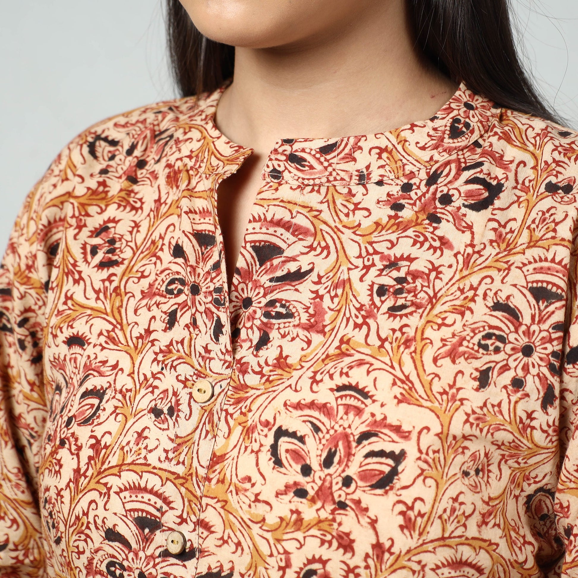 Beige - Kalamkari Block Printed Cotton Long Kurta