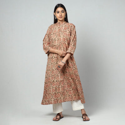 Beige - Kalamkari Block Printed Cotton Long Kurta