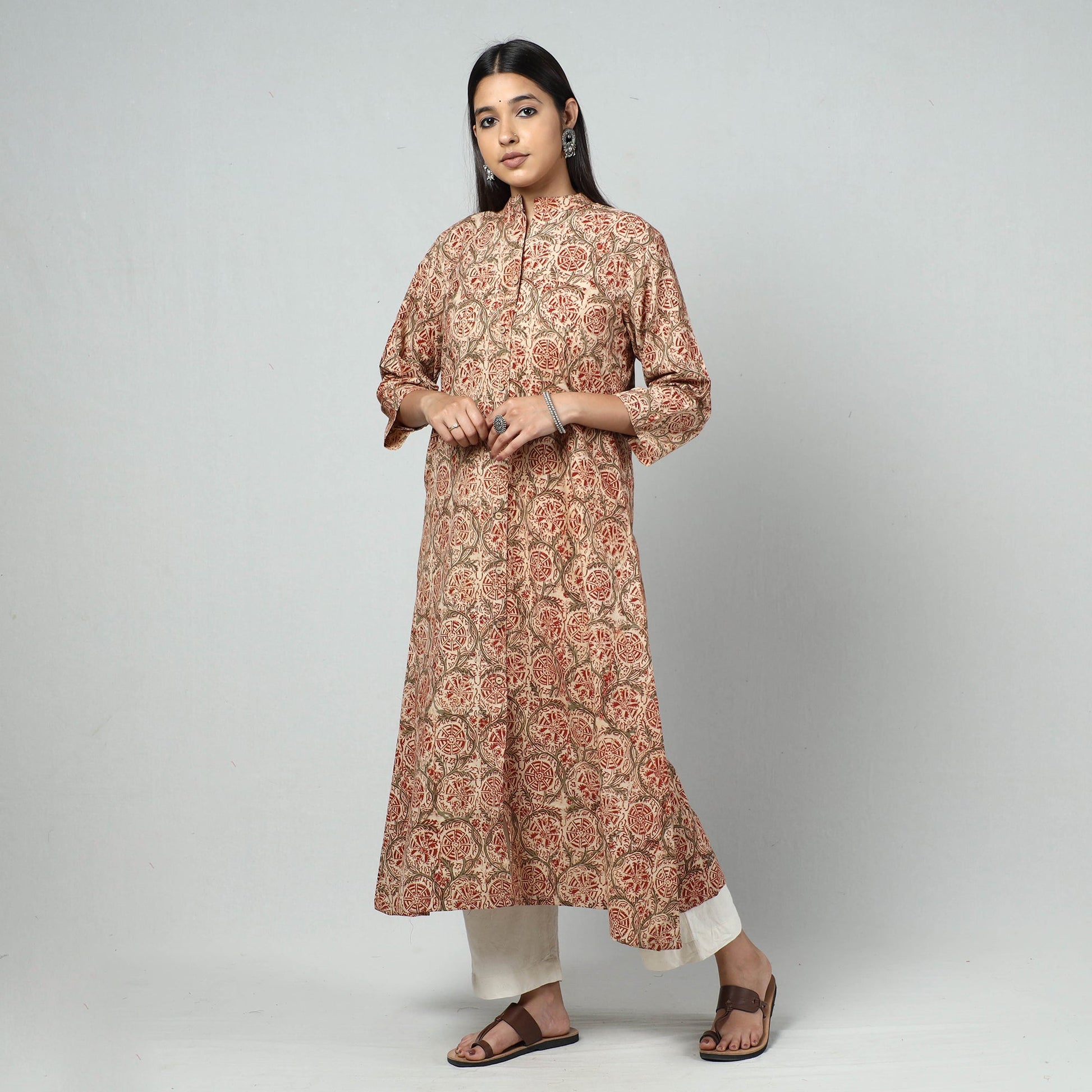 Beige - Kalamkari Block Printed Cotton Long Kurta