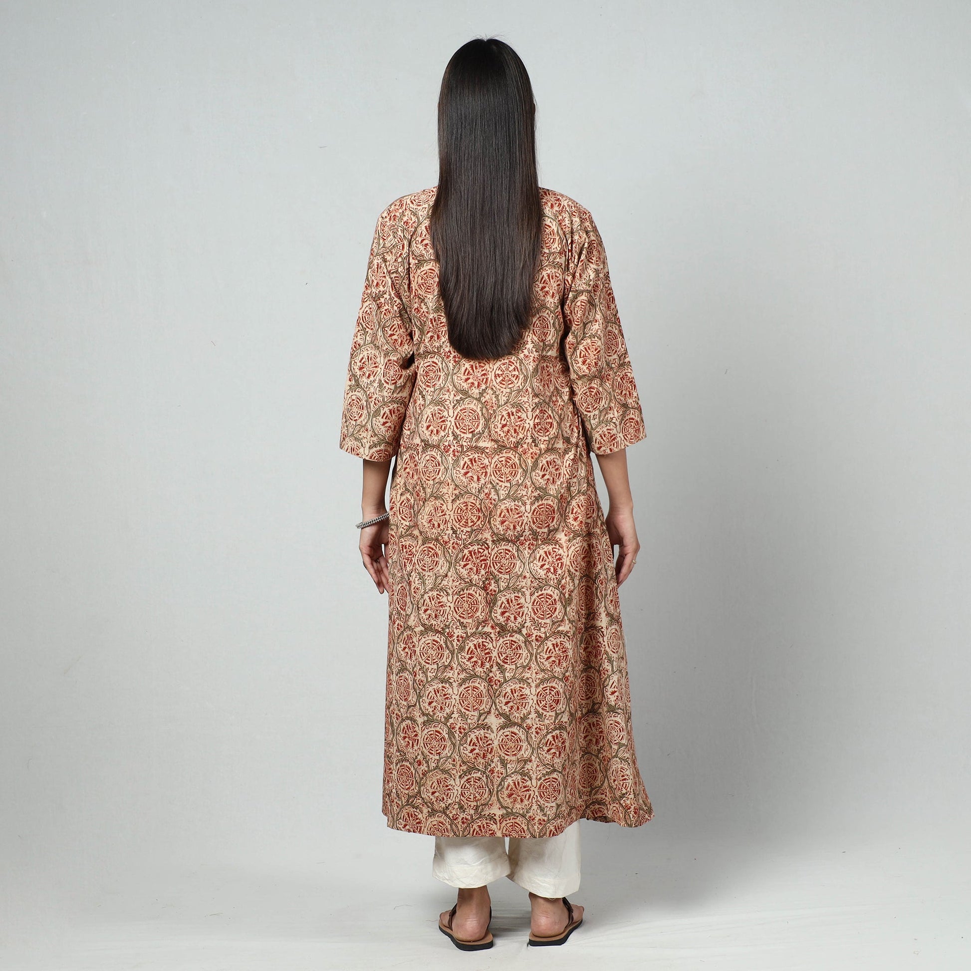 Beige - Kalamkari Block Printed Cotton Long Kurta