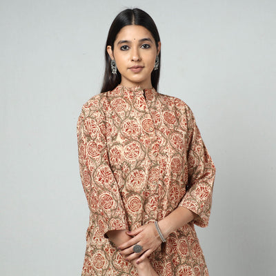 Beige - Kalamkari Block Printed Cotton Long Kurta