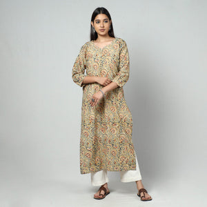 Beige - Kalamkari Block Printed Cotton Long Kurta
