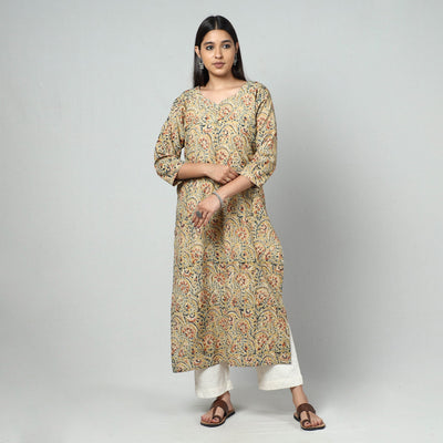 Beige - Kalamkari Block Printed Cotton Long Kurta