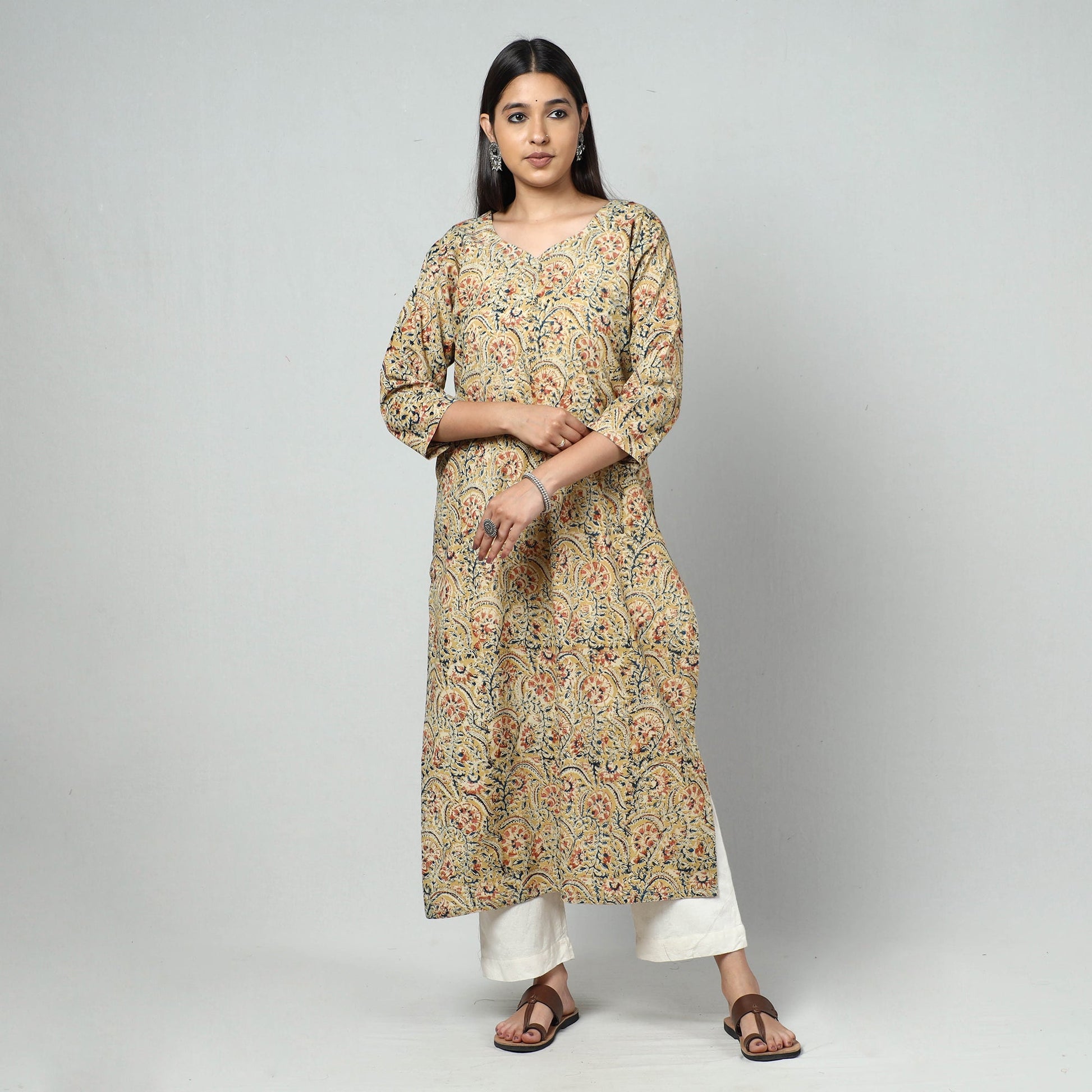 Beige - Kalamkari Block Printed Cotton Long Kurta